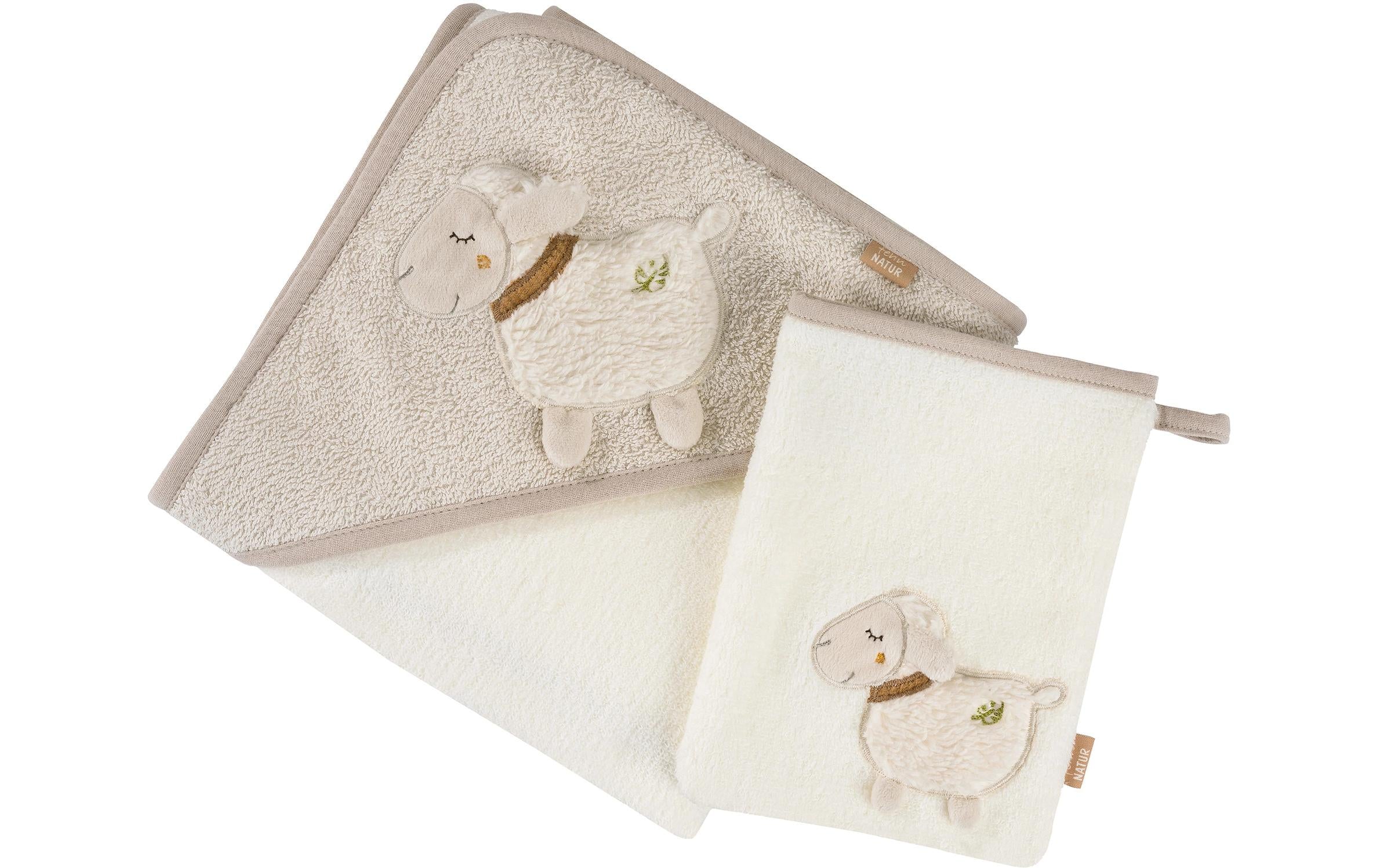 Fehn "FehnNATUR" Bade-Set Schaf (Kapuzenbadetuch + Waschhandschuh)