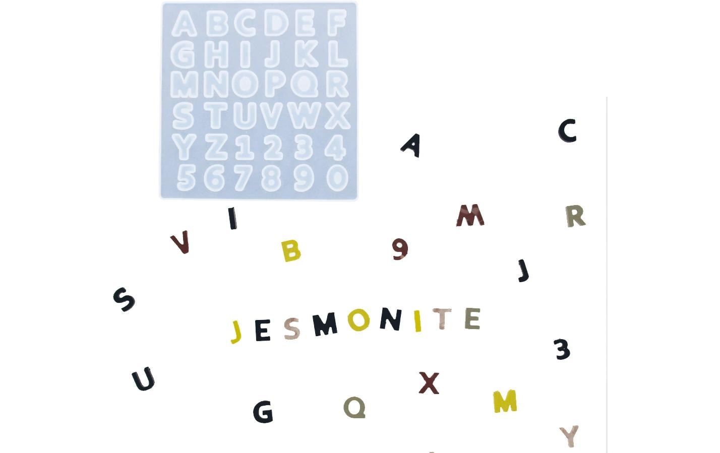 Jesmonite Giessform Silikon Alphabet + Zahlen, 13,5cm x 13,5cm x 0,5cm