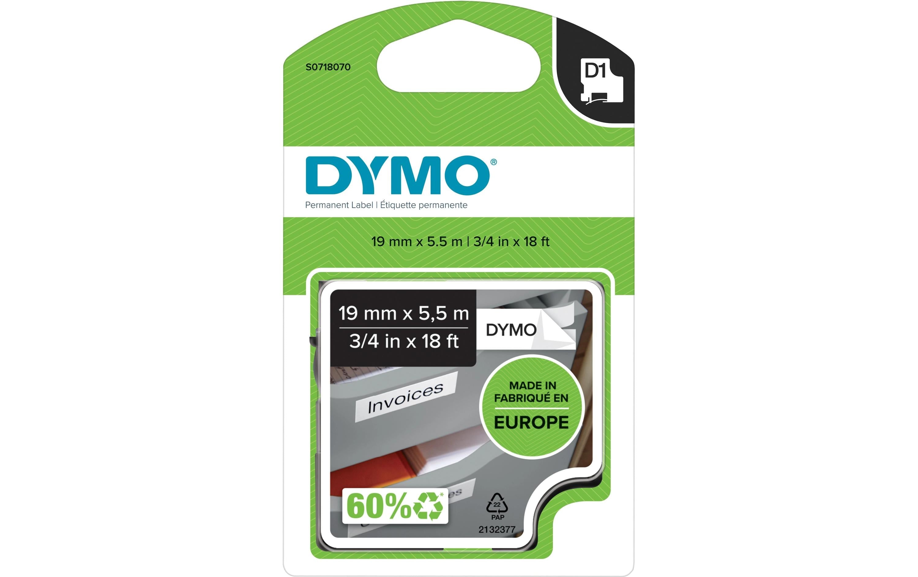 Dymo Band D1,perm. Polyester,19mmx5.5m Band: weiss, Schrift: schwarz