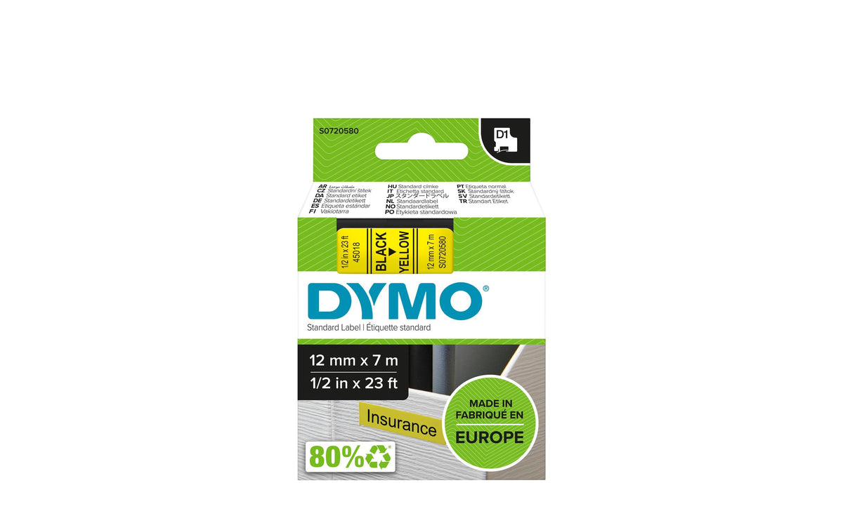 Dymo Schriftband D1, 12mm x 7m, Band: gelb Schrift: schwarz - für alle LabelManager