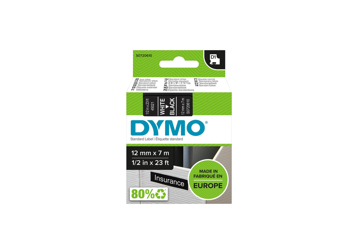 Dymo Schriftband D1, 12mm x 7m, Band: schw. Schrift: weiss - für alle LabelManager