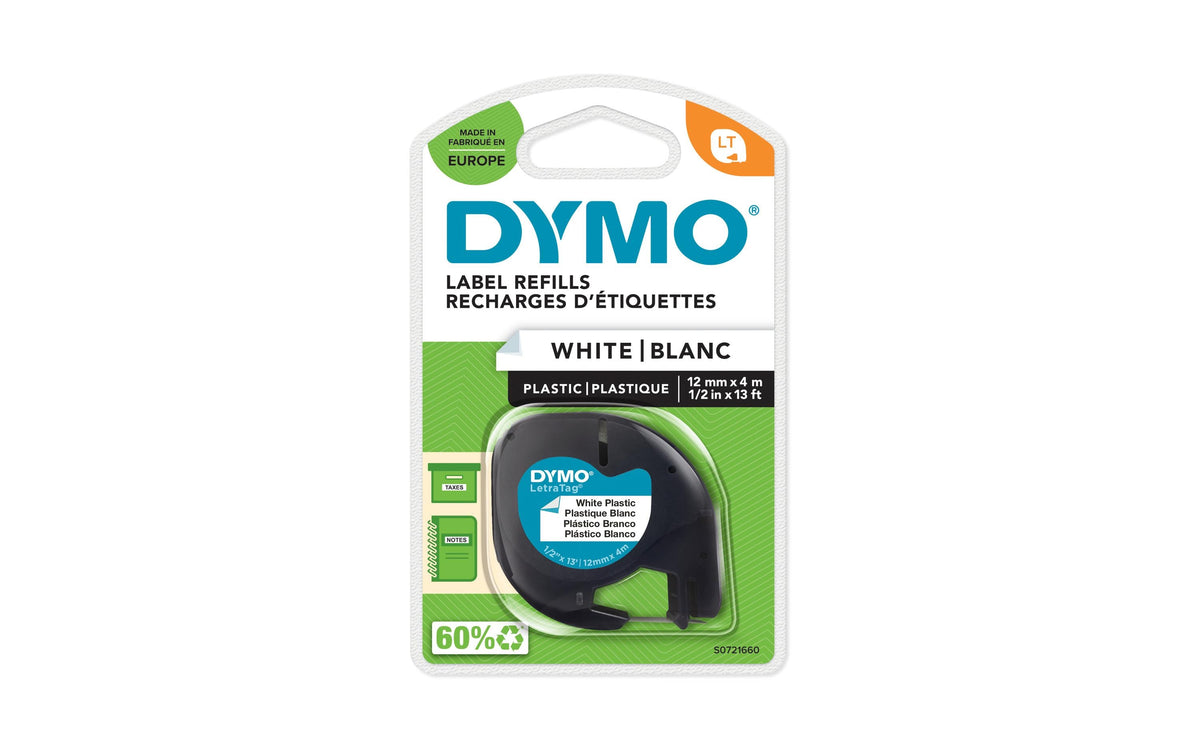 Dymo LetraTag Beschriftungsband, Plastik Weiss, 12mm x 4m - für alle LetraTag Geräte