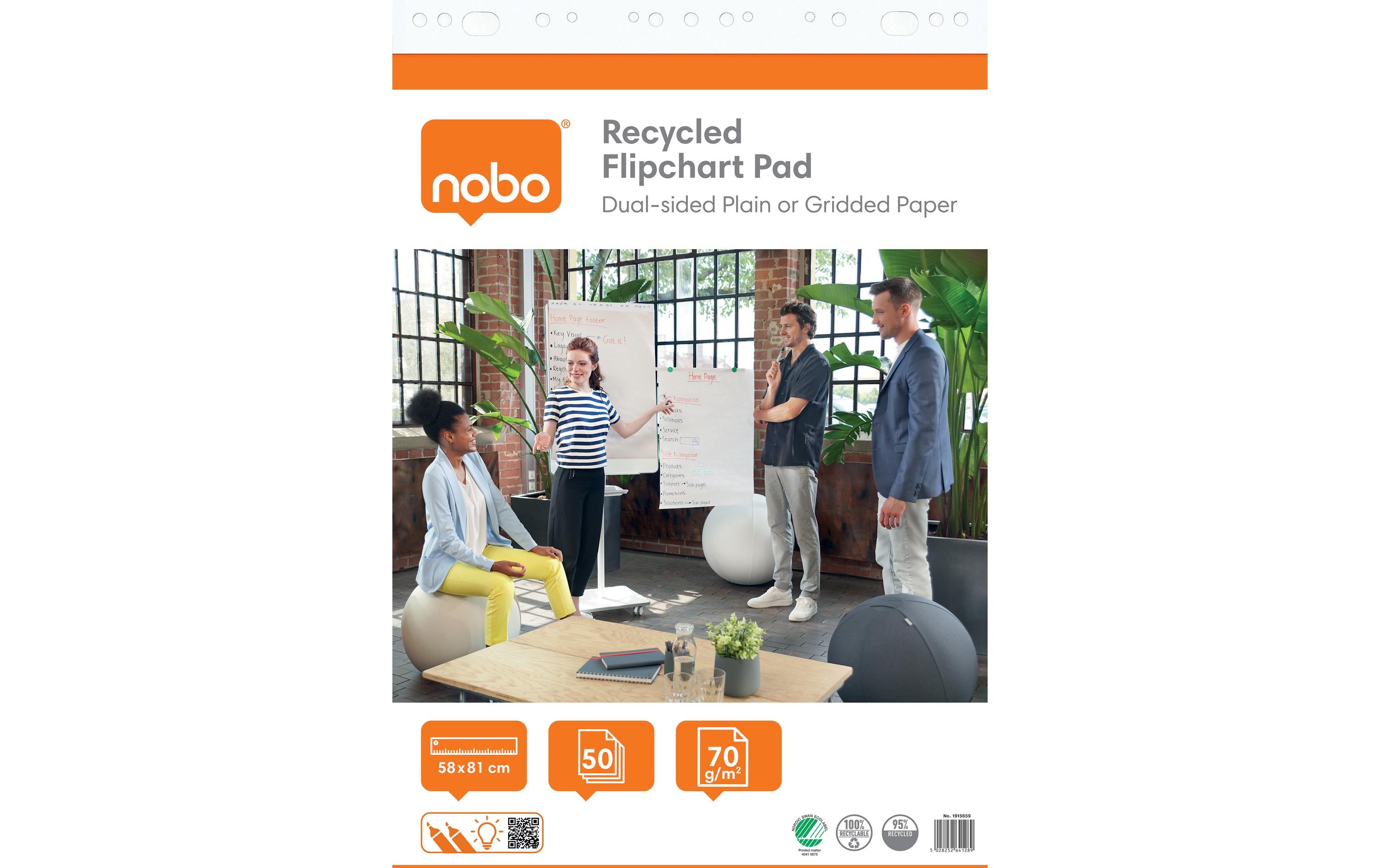 Nobo Flipchartblock, 50 Blatt blanko/kariertes Papier, 58x81cm