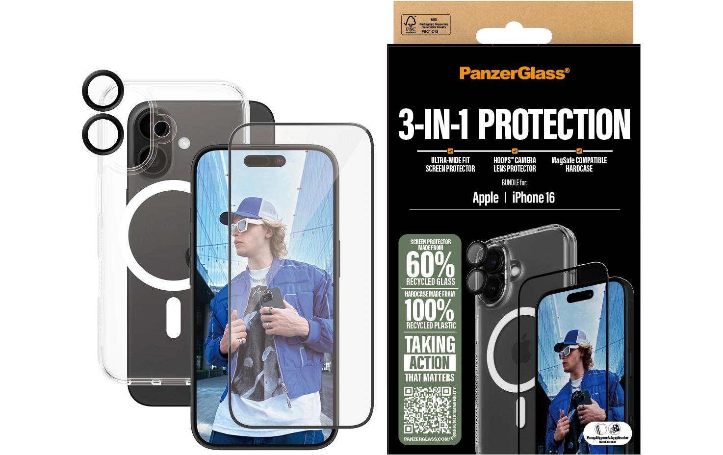 CARE 3-in-1 - Glas (S), Case, Hoops iPhone 16