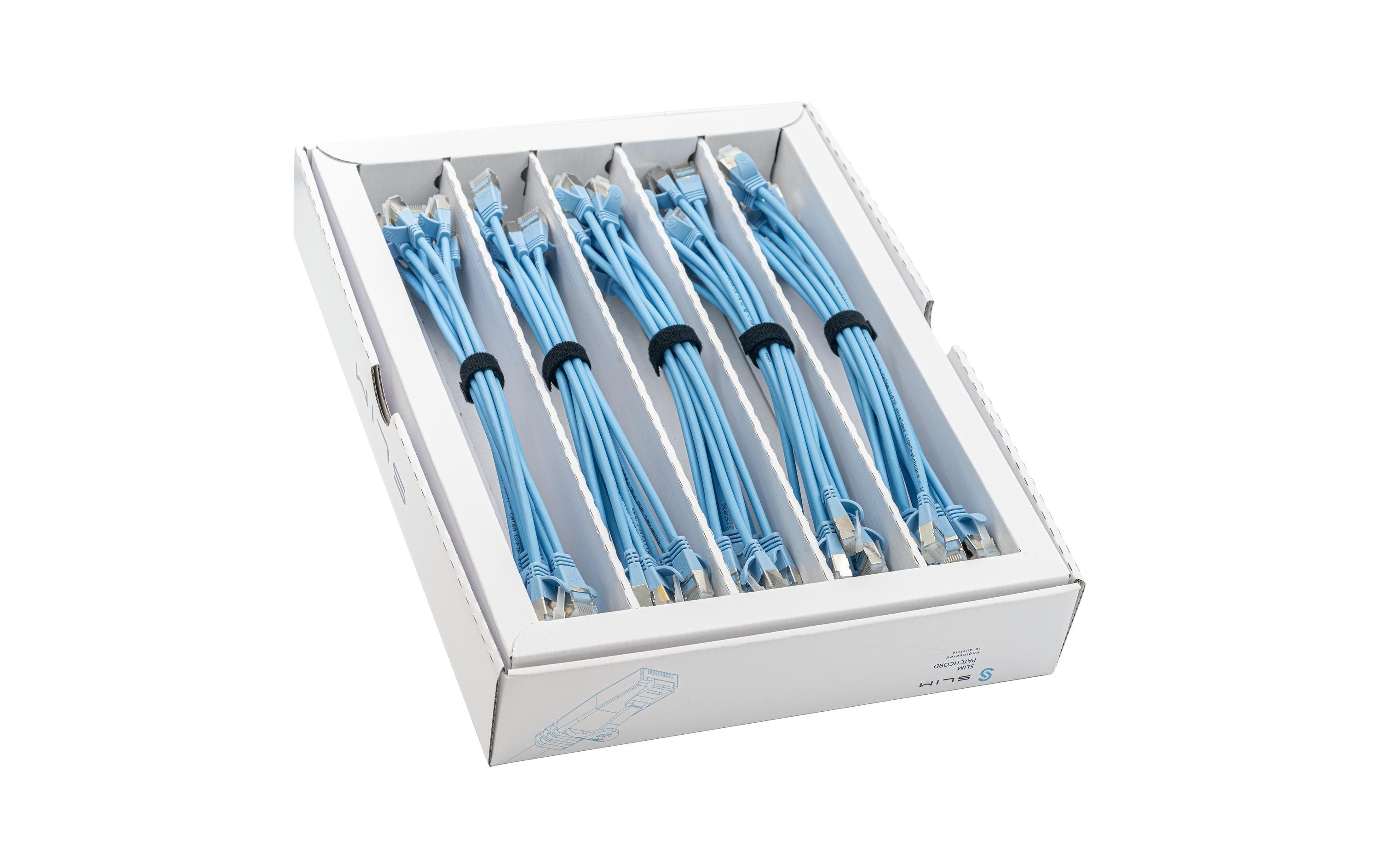 SLIM Patchkabel: 25cm, blau, 50-Pack Cat.6A, U/FTP, LSOH, Klinke nicht brechbar