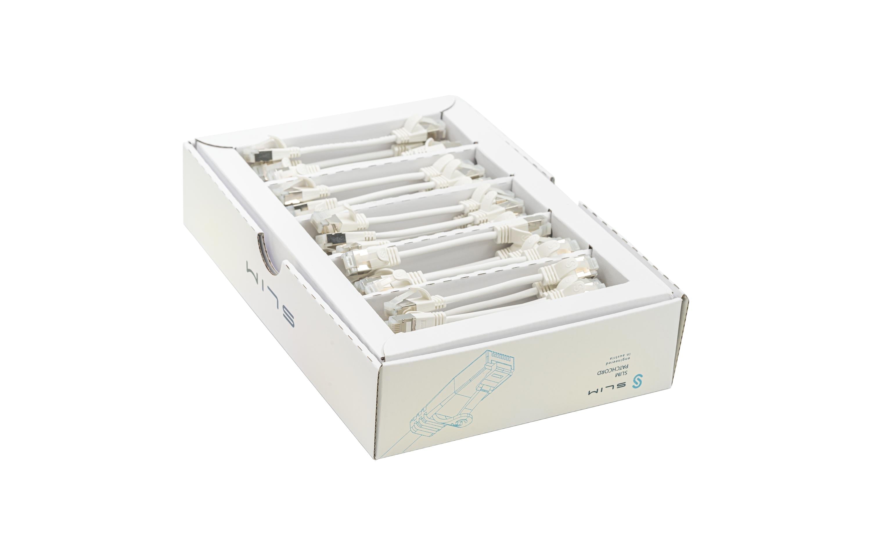 SLIM Patchkabel: 10cm, weiss, 50-Pack Cat.6A, U/FTP, LSOH, Klinke nicht brechbar