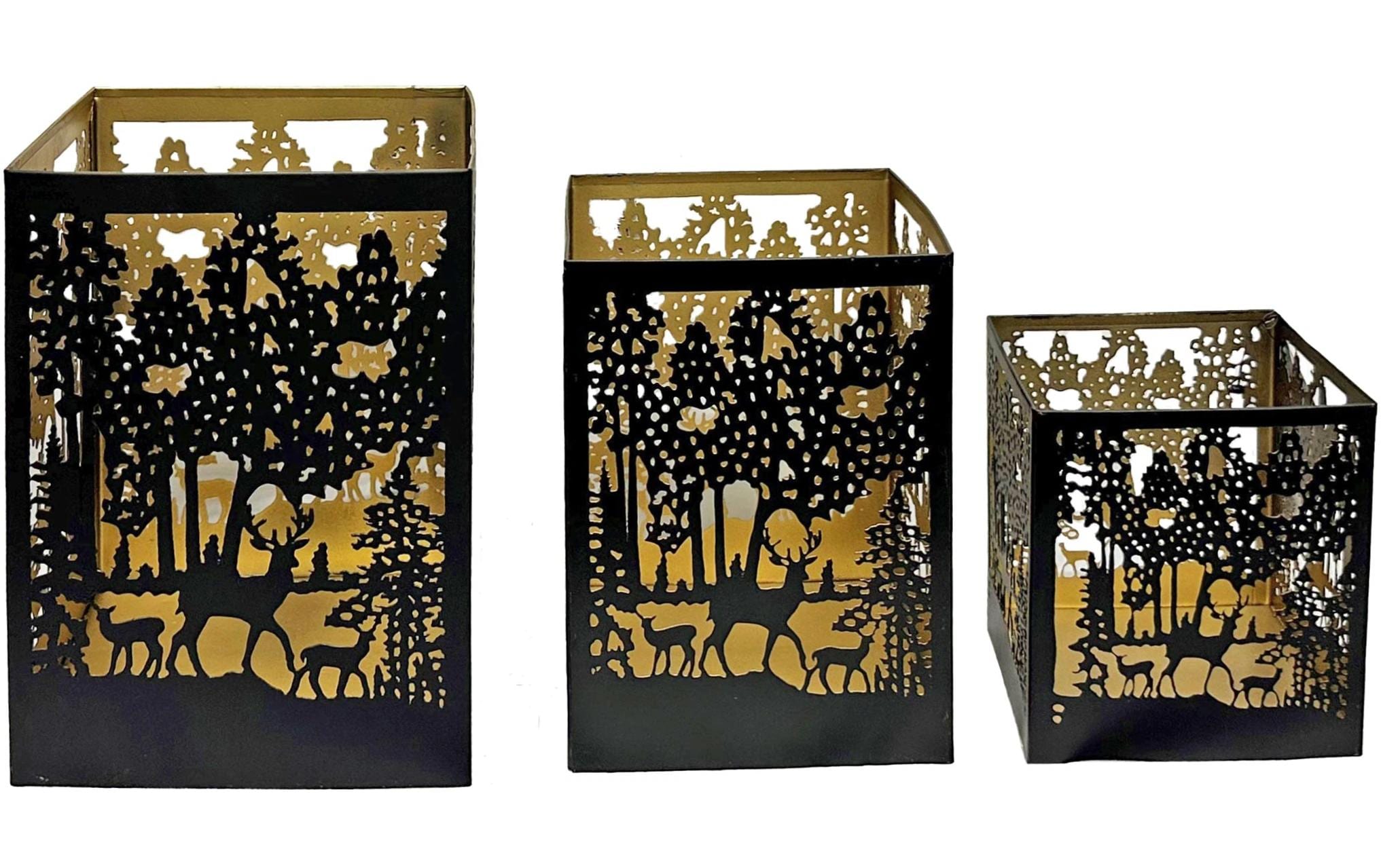 Dameco Laterne Forest, 3er Set, Metall Schwarz-Gold, Scherenschnittmuster