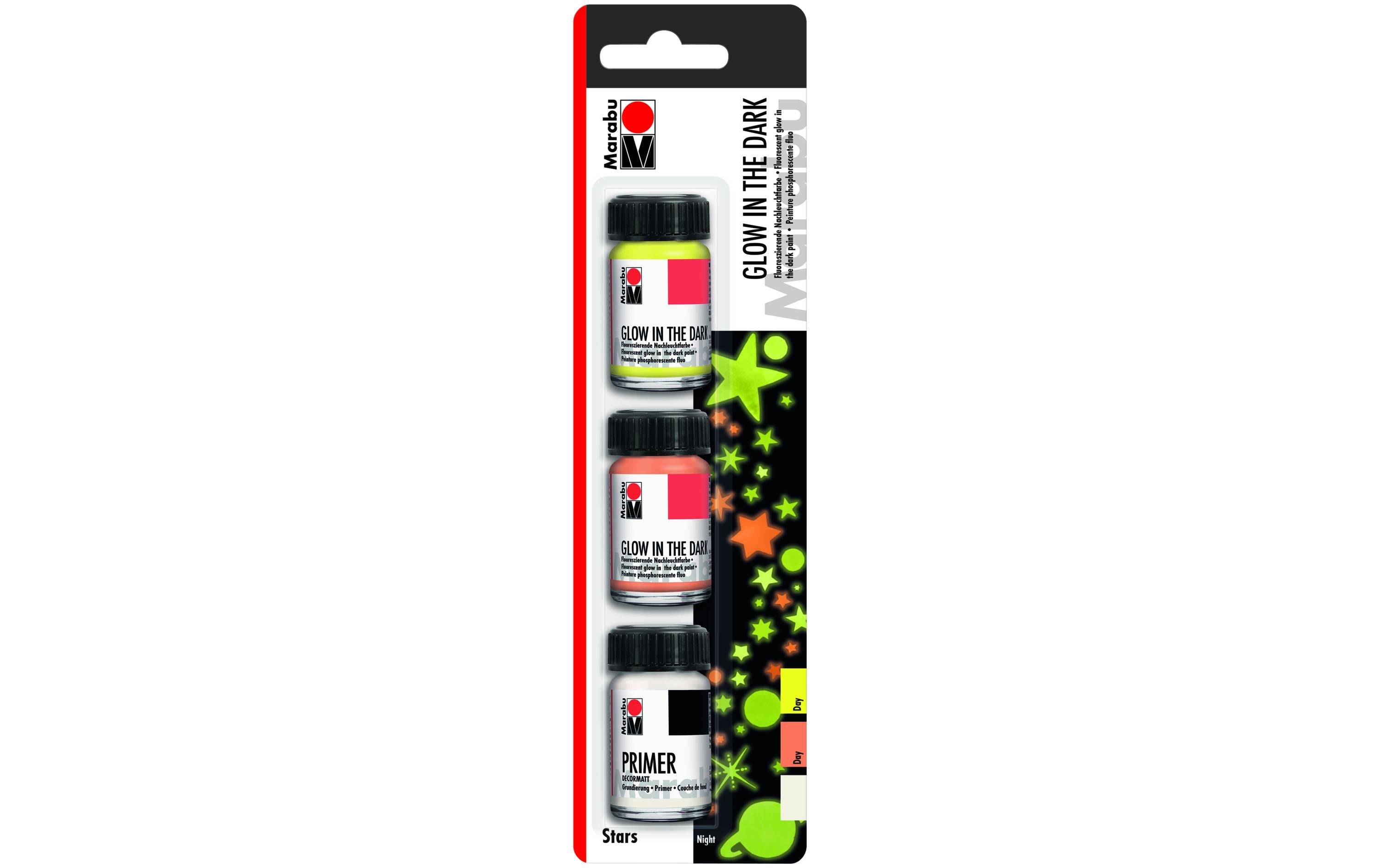 Marabu Glow in the Dark 3x15ml, Gelb, Orange, Primer weiss