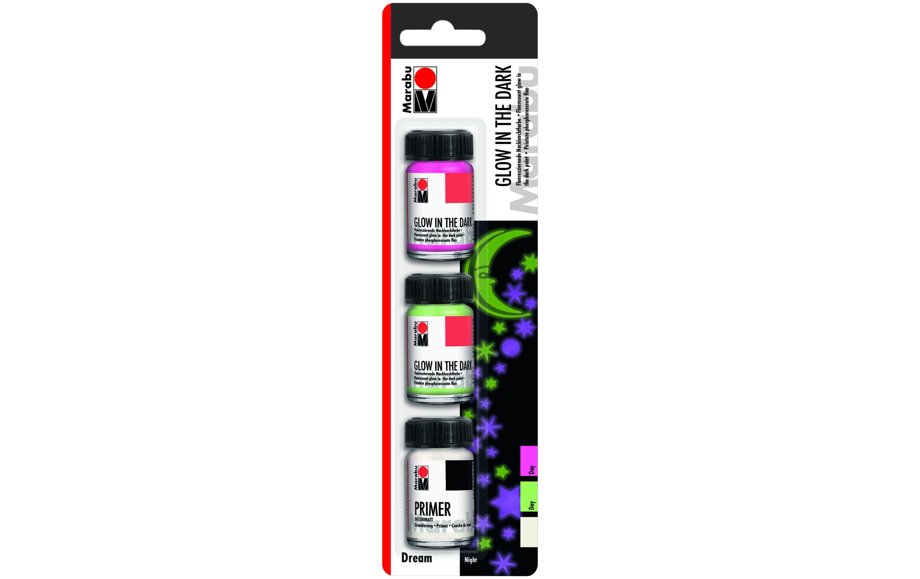 Marabu Glow in the Dark 3x15ml, Grün, Pink, Primer weiss