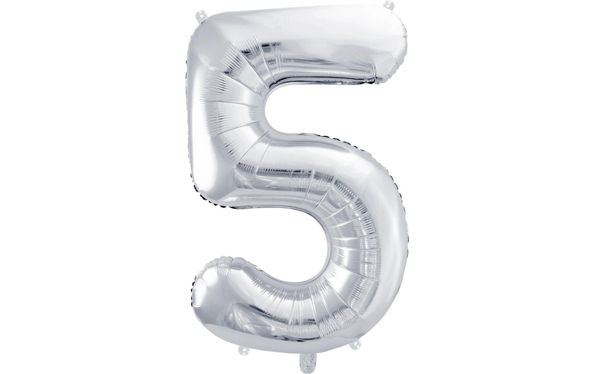 Partydeco Folienballon Zahl 5 gross 86 cm, silber, 1 Stk