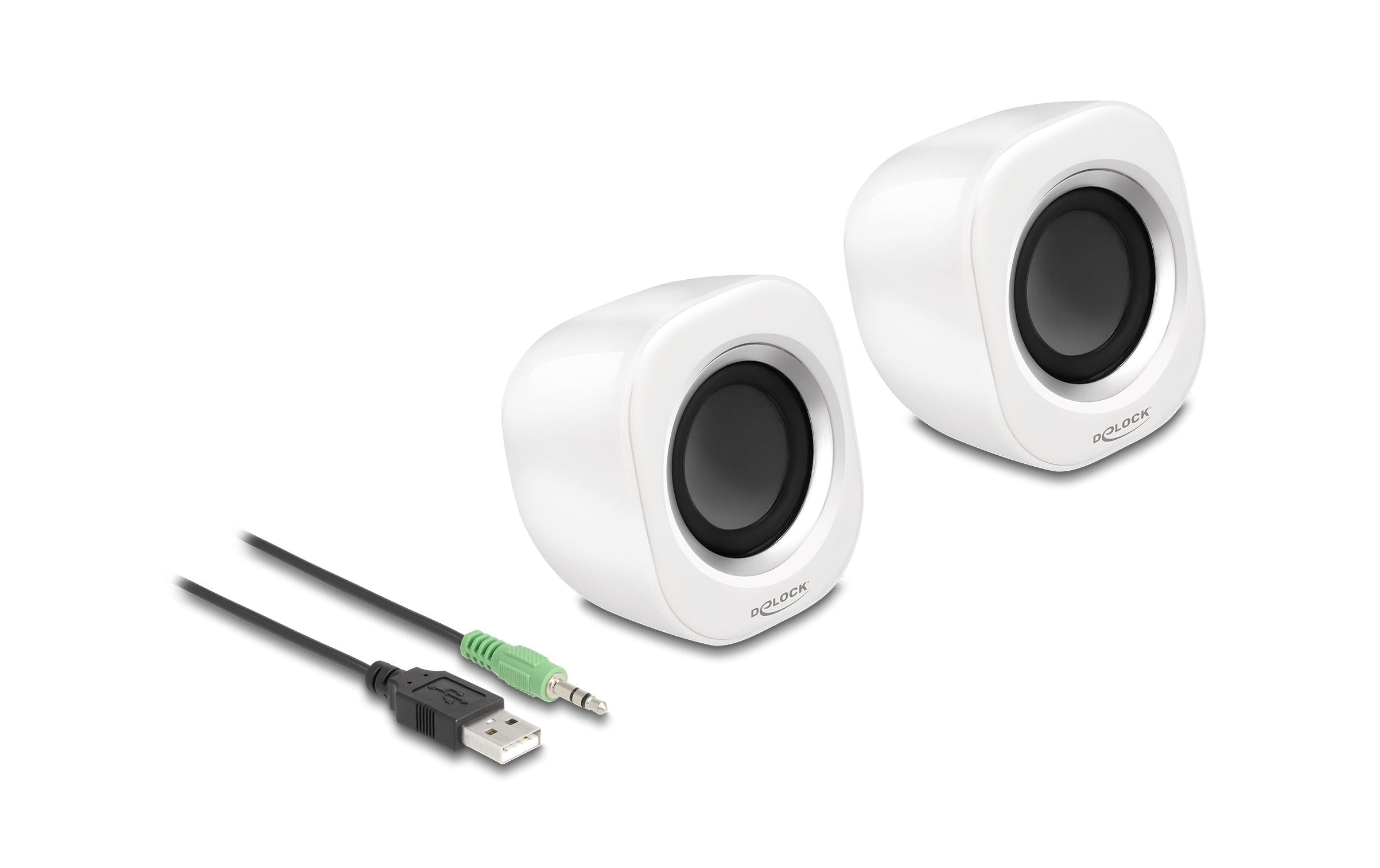 Delock Mini Stereo PC Lautsprecher 3.5mm Klinke, 93cm Kabel, USB-Strom, weiss