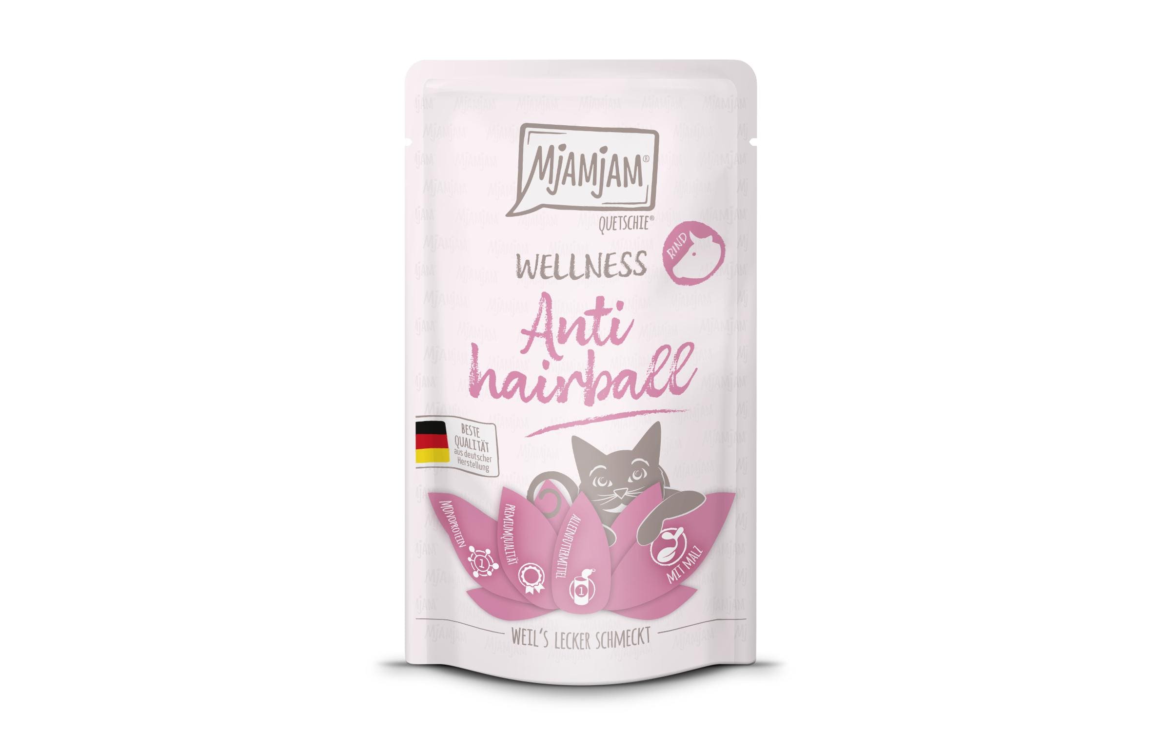 Mjamjam Cat Quetschie Wellness 125g Anti Hairball Rind