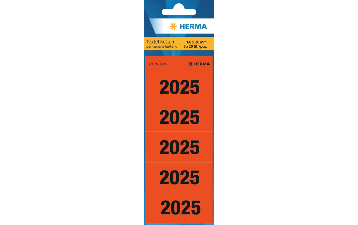 Herma Jahreszahlen für Ordner 2025 100 Etiketten, rot, 60 x 26 mm