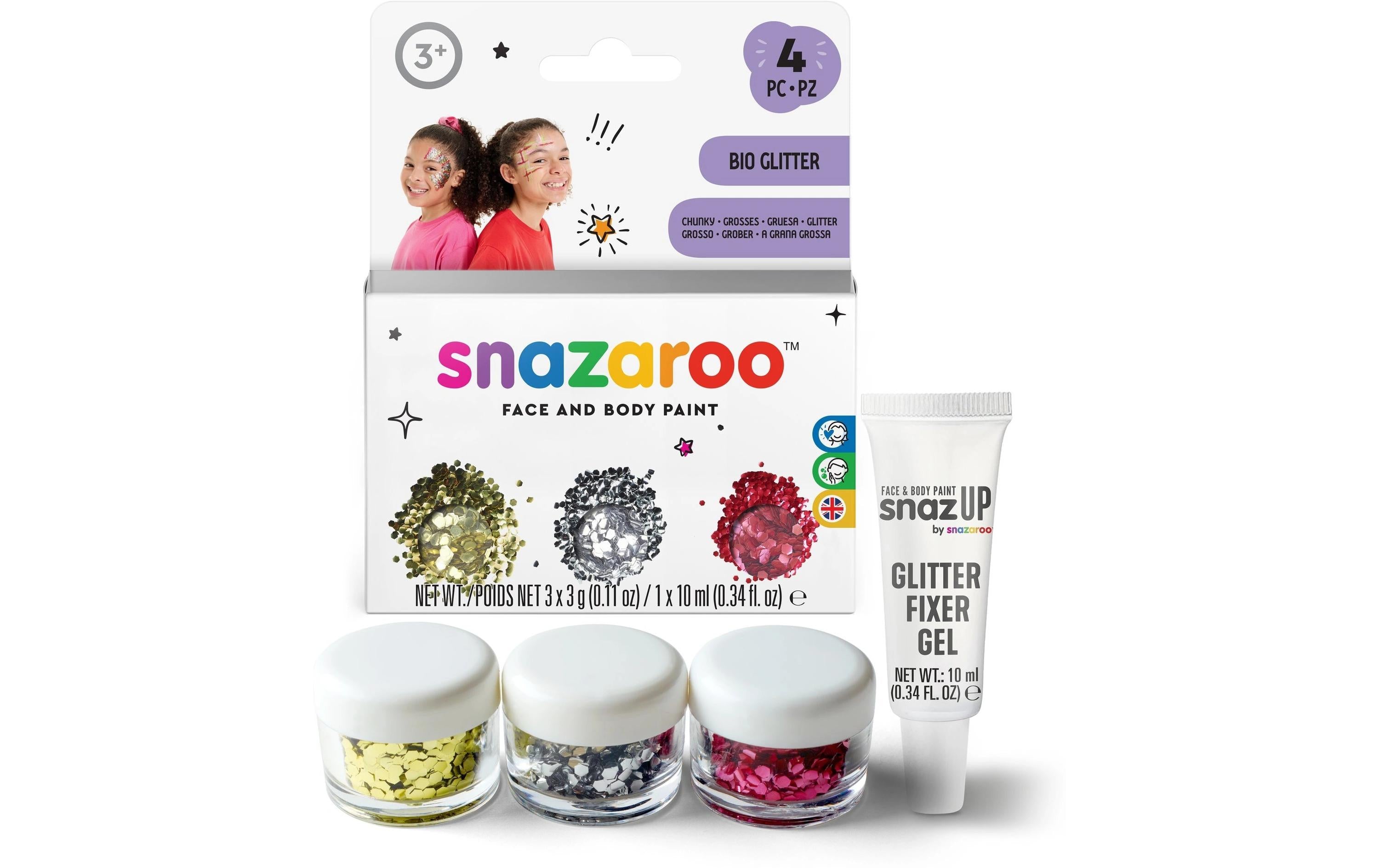Snazaroo Glitzer Set Grob 3x Glitzer, 1x Fixiertube
