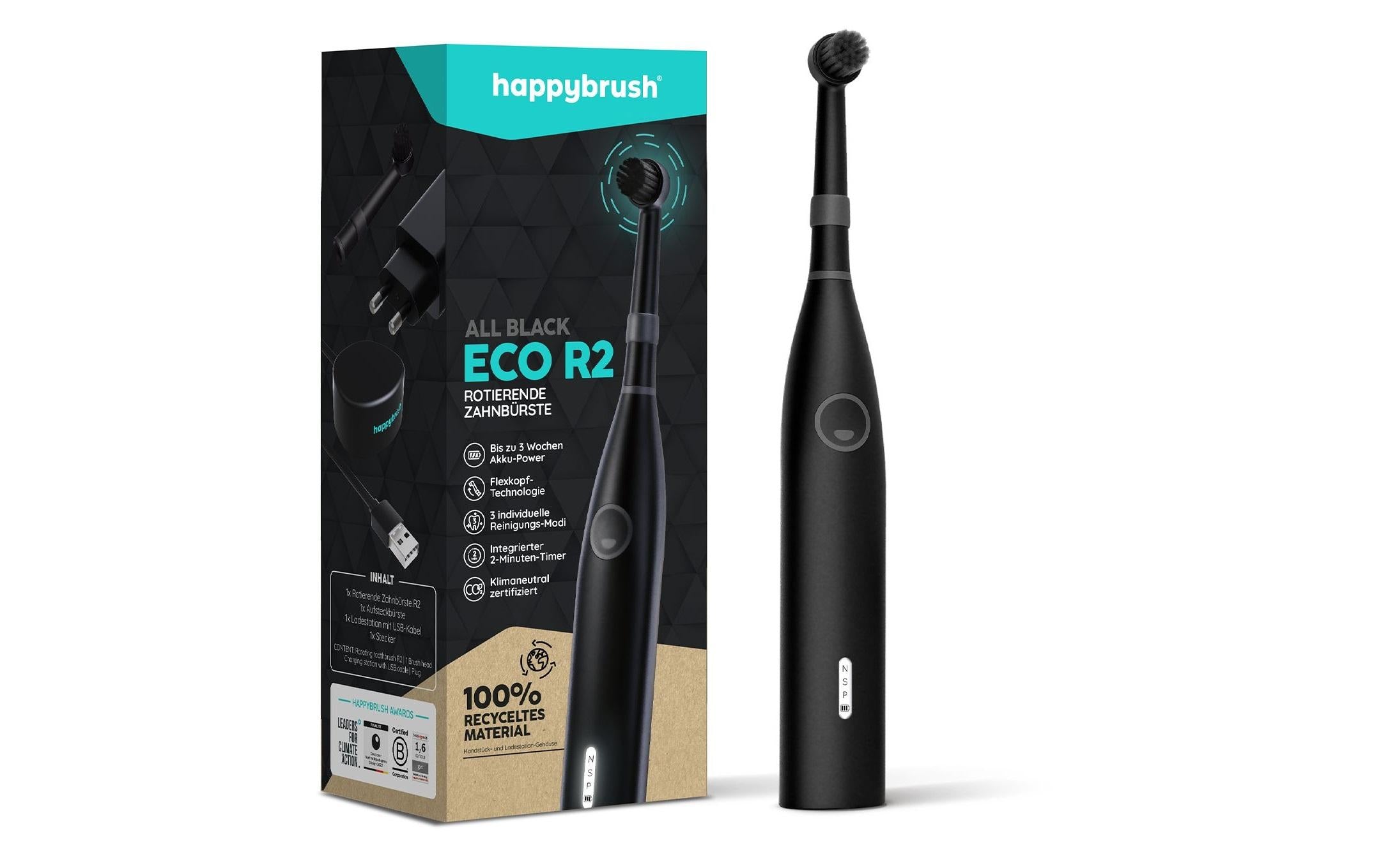 happybrush Elektrische Zahnbürste ECO R2 Starterkit, Rundkopf, Allblack