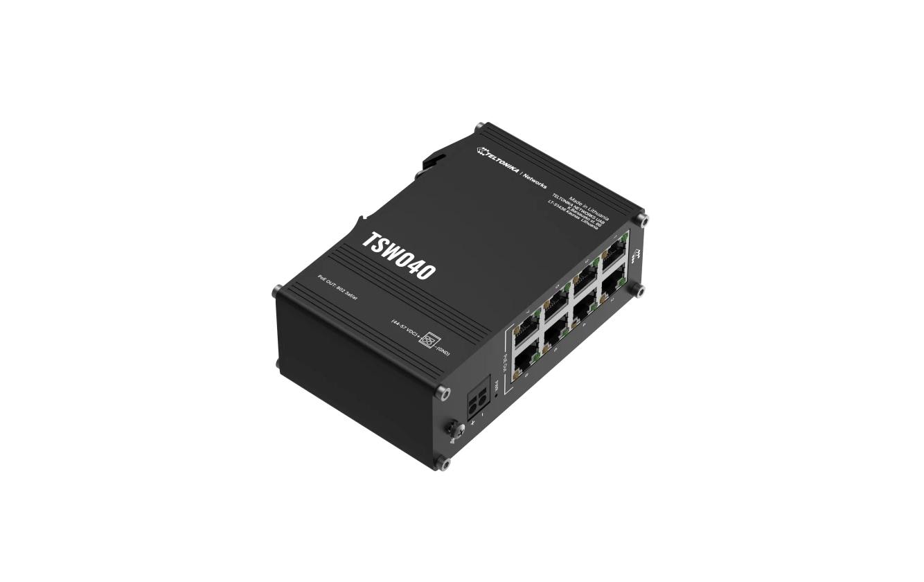 Teltonika TSW040 Industrie PoE+ Switch 8x 100Mbps, 2-pin DC, 9-30V, Ohne NT