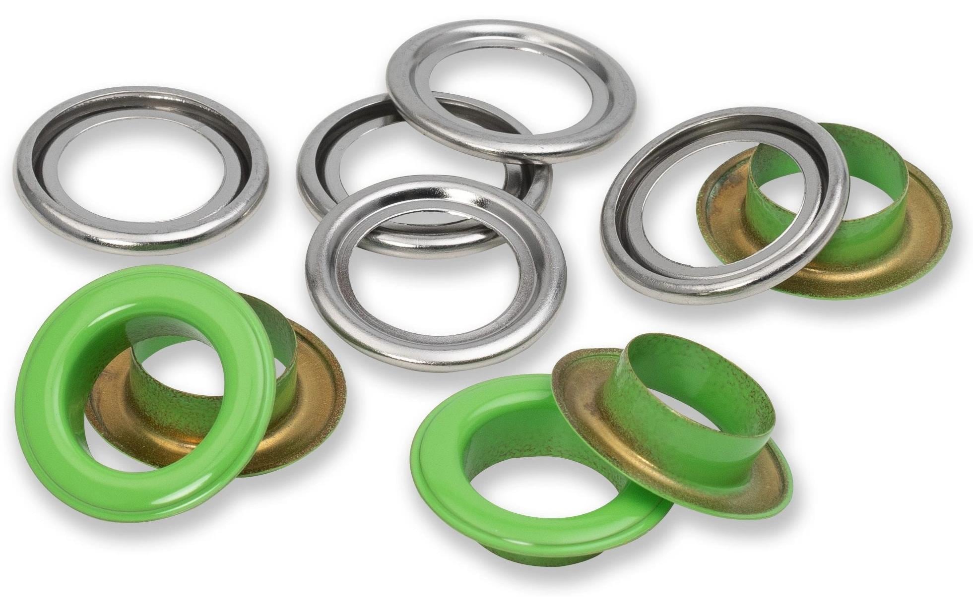 Prym Ösen mit Scheiben , hellgrün-silber 14 mm, 15 Stk., 100% MS