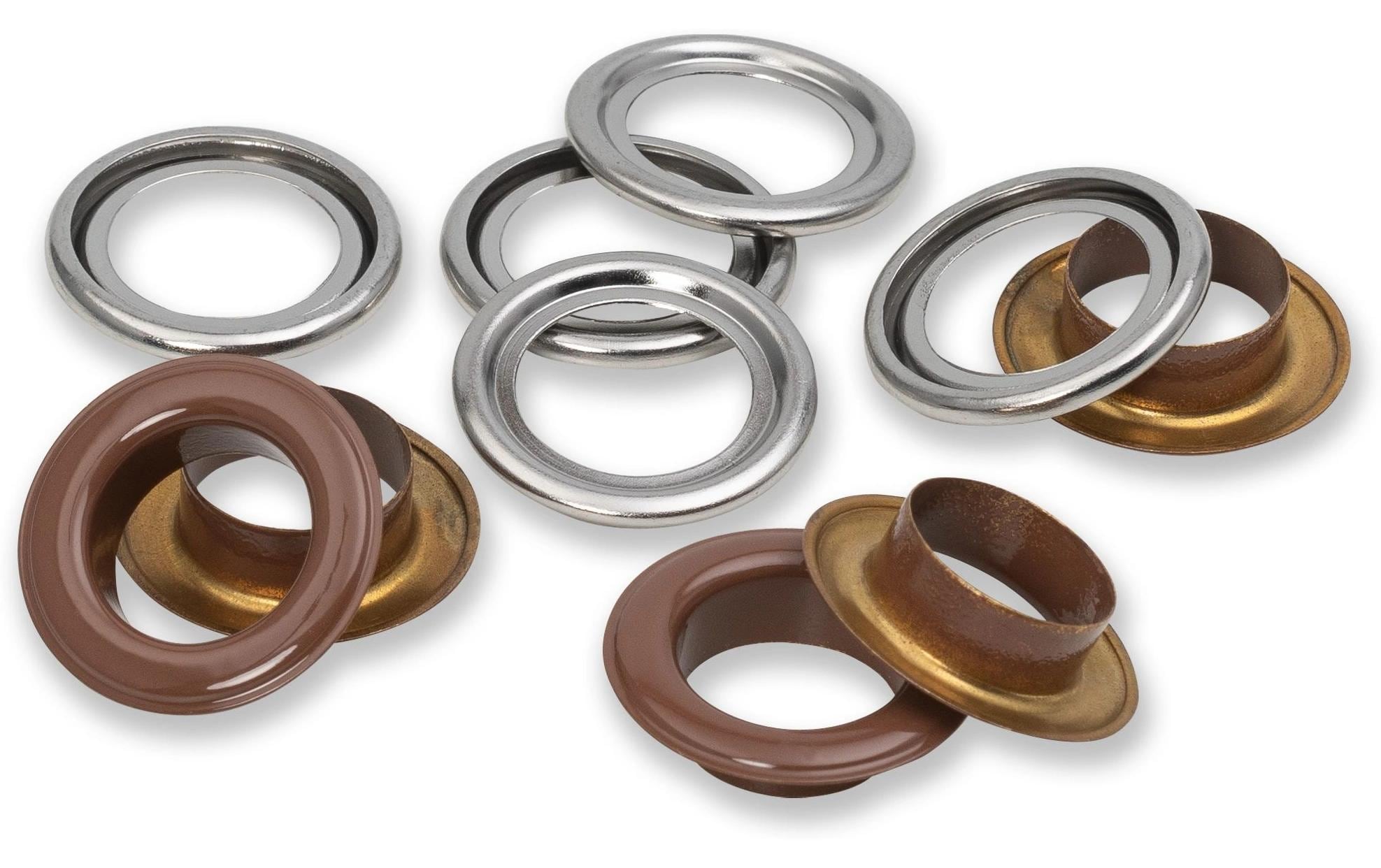 Prym Ösen mit Scheiben , d`braun-silber 14 mm, 15 Stk., 100% MS