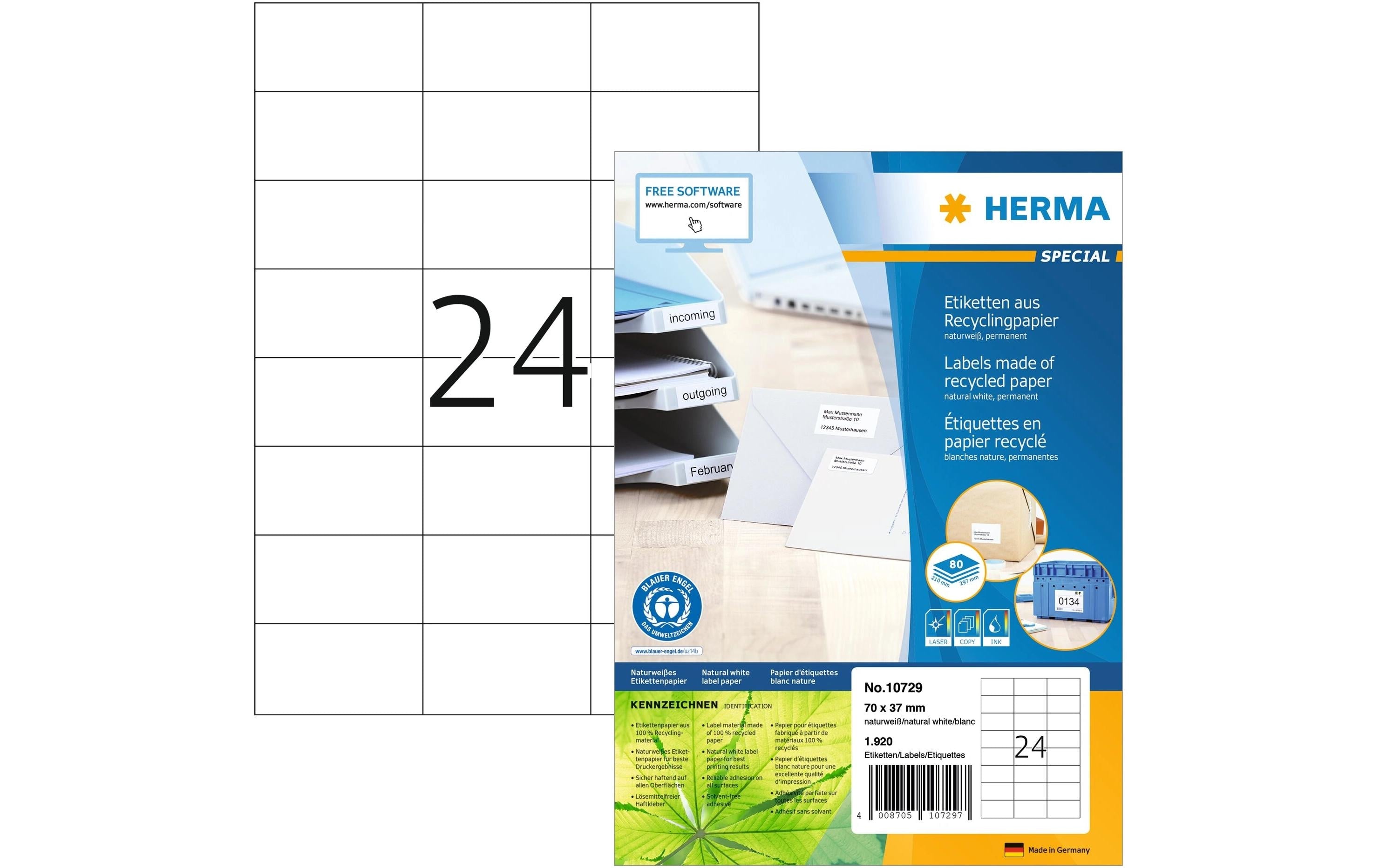 Herma Universaletiketten Recycling 1920 Etiketten, A4, 80 Blatt, 70x37mm