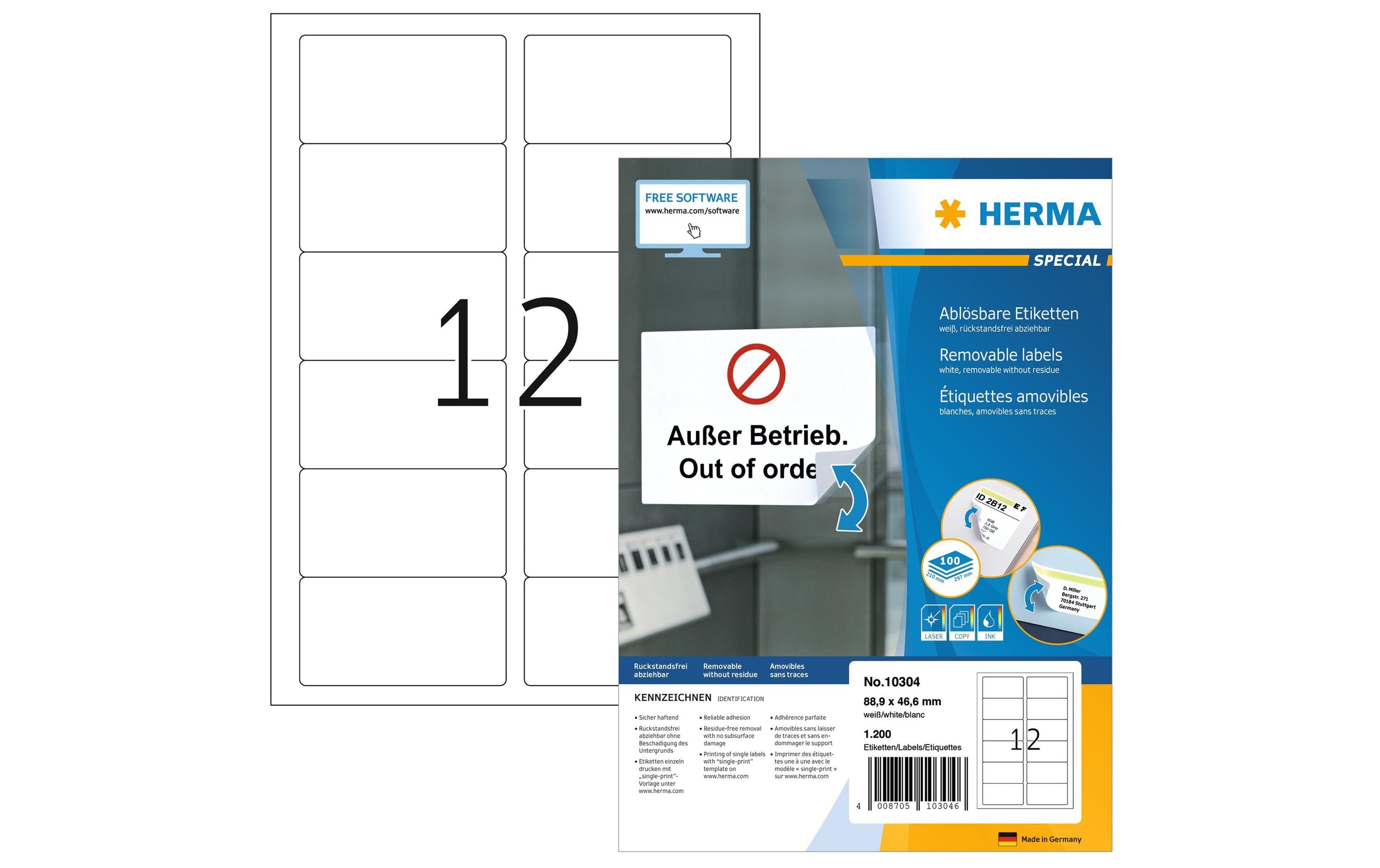 HERMA Adressetiketten Repositionierbare 88,9 x 46,6 mm,1200 Stk