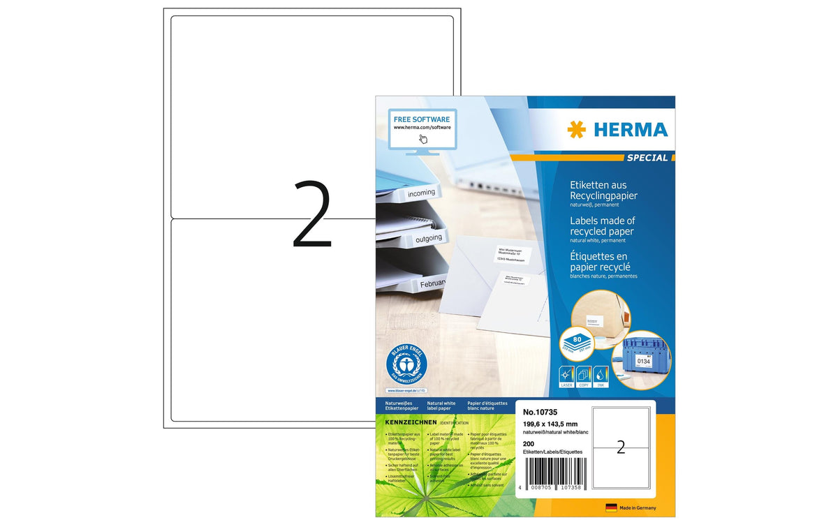 Herma Universaletiketten Recycling 160 Etiketten, A4, 80 Blatt,199.6x143.5mm