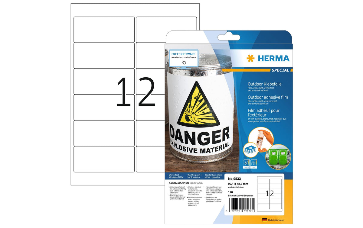 Herma Wetterf. Outdoor-Folienetiketten 9533 120 Etiketten, A4, 10 Blatt, 99,1 x 42,3