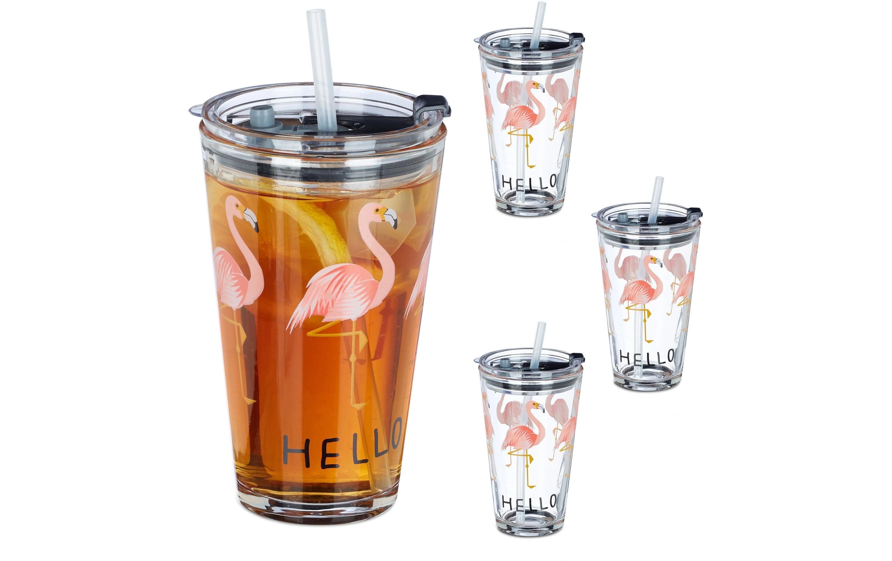 relaxdays Trinkgläser-Set Flamingo 450ml 4 Stück, Glas