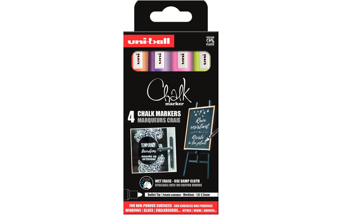 UNI CHALK Kreidemarker PWE-5.M Rundspitze 1.8-2.5mm, 4Stk. Gelb/Orange/Rosa/Violett