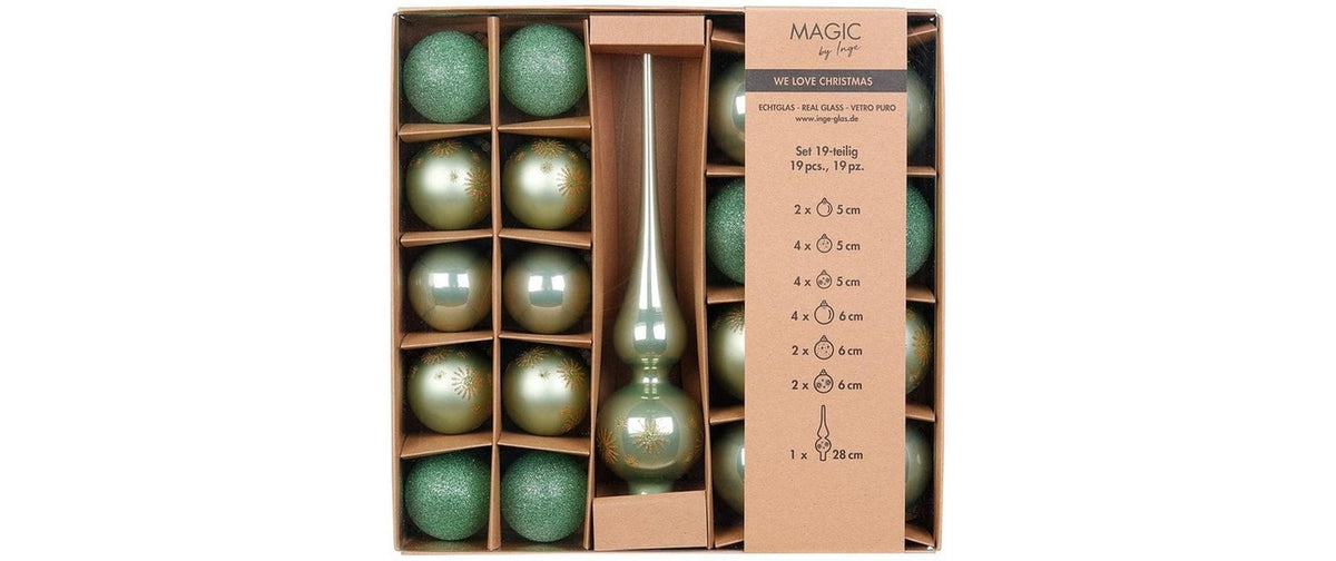 Inge Weihnachtskugeln Mild Sage mit Spitze, 19 Stück, Glas,10x5cm und 8x6cm