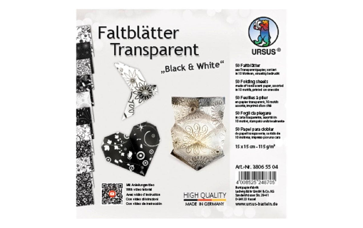 URSUS Faltblätter "Origami"  Transparent Black & White, 115g/m, 15 x 15 cm, 50 Blatt