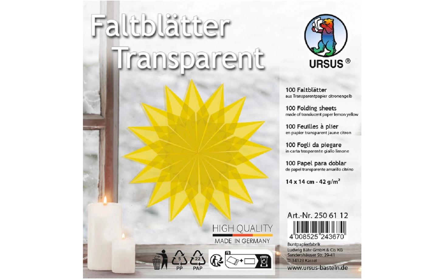 URSUS Faltblätter "Origami" Transparent 42 g/m², 14 x 14 cm, gelb
