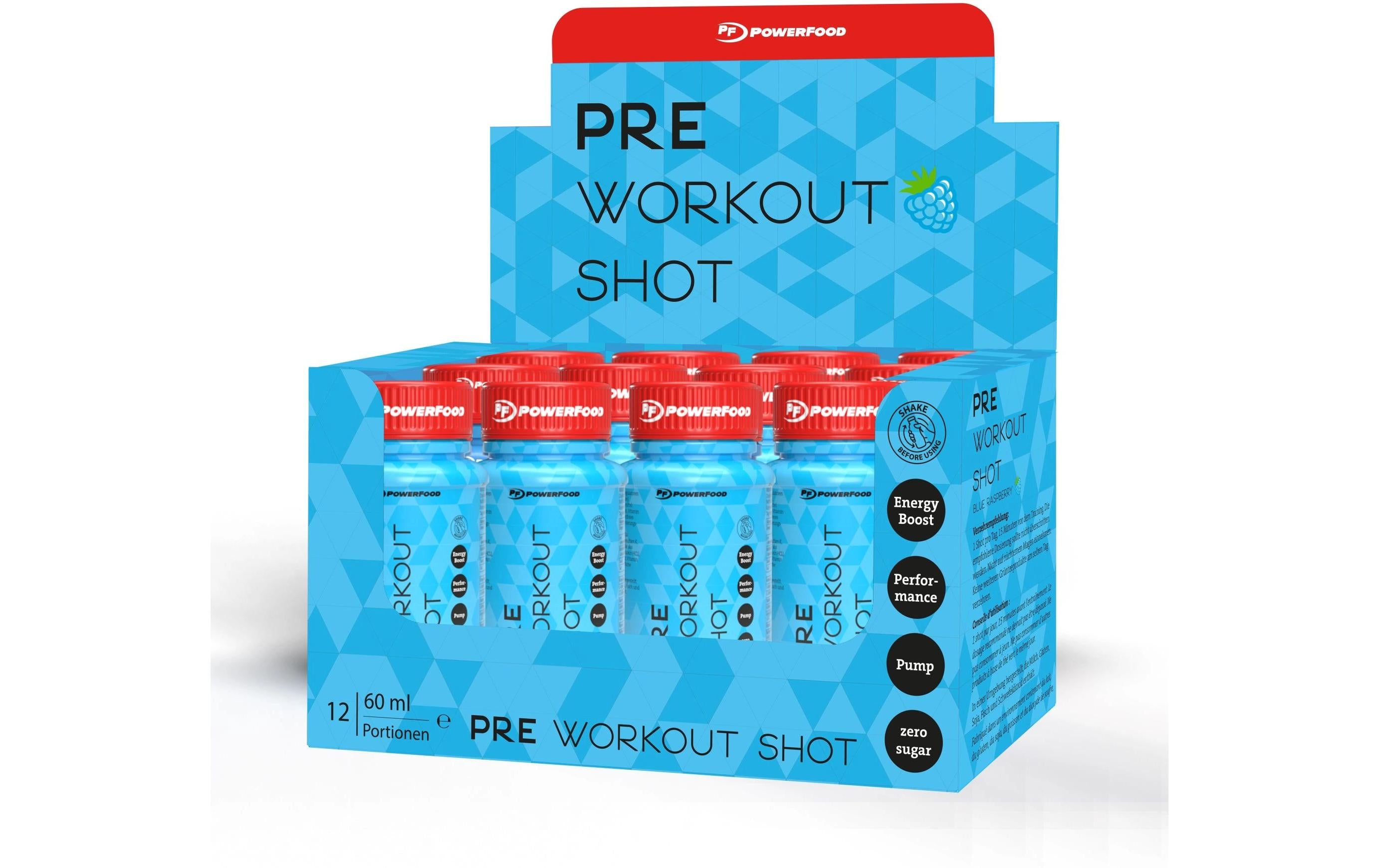 PowerFood One Pre-Workout Shot 12x60ml, Blue Raspberry