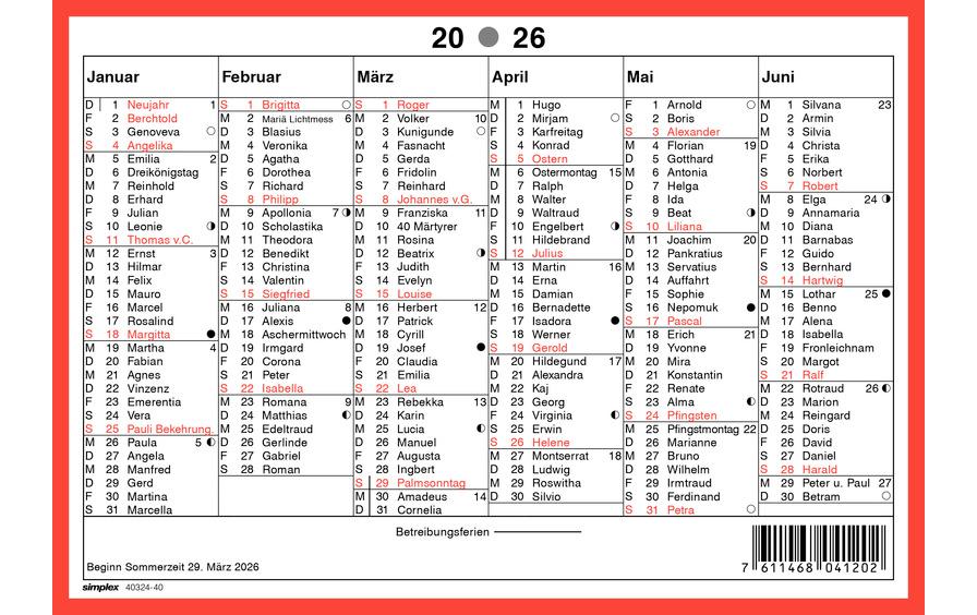 Simplex Wandkalender 2026 Namenstagen A5 Querformat, Deutsch