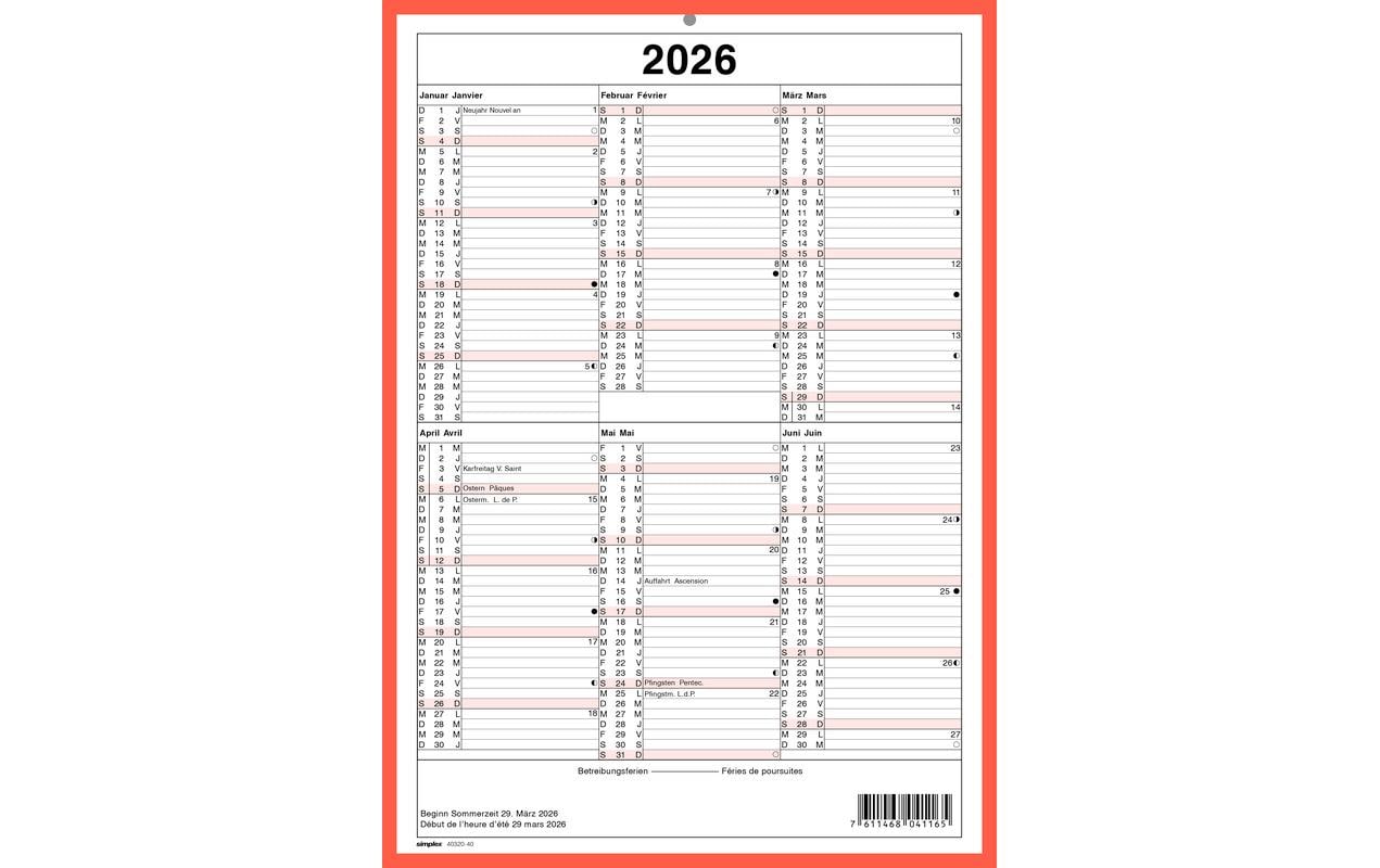 Simplex Wandkalender 2026 ohne Namenstage A4 Hochformat, rot/weiss