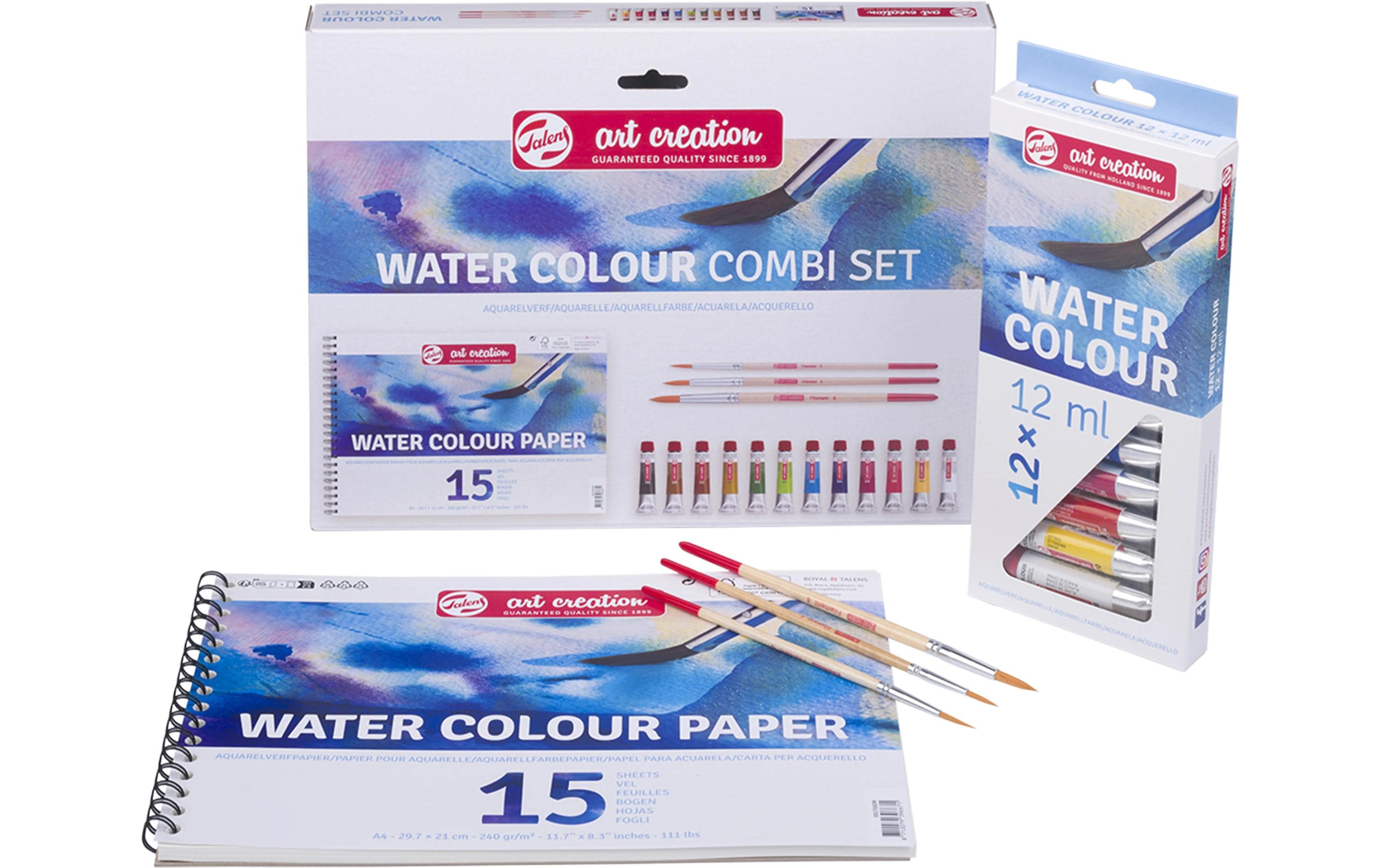 Talens Combiset Wasserfarbe 12X12ml Farbe, 3 Pinsel, Papier