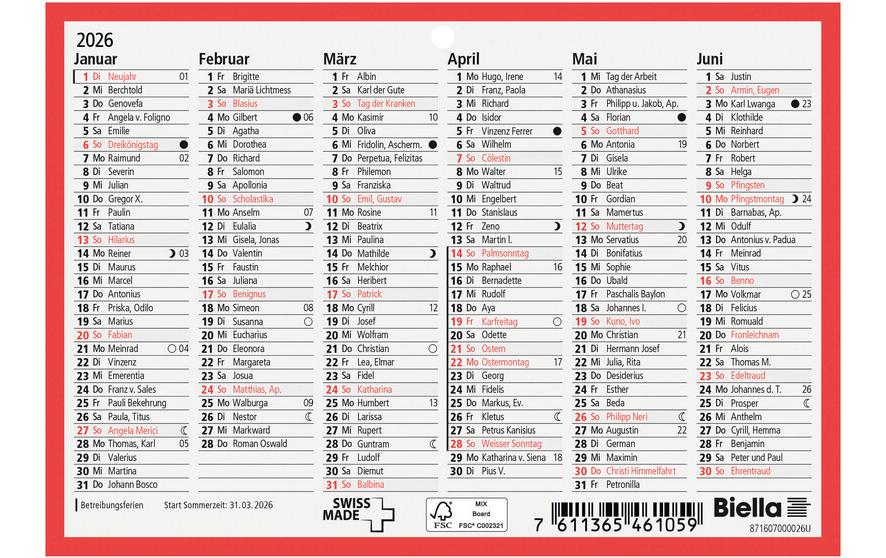Biella Wandkalender 2026 A6 6 Monate pro Seite