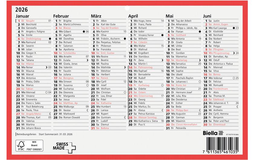 Biella Wandkalender 2026 A5 6 Monate pro Seite