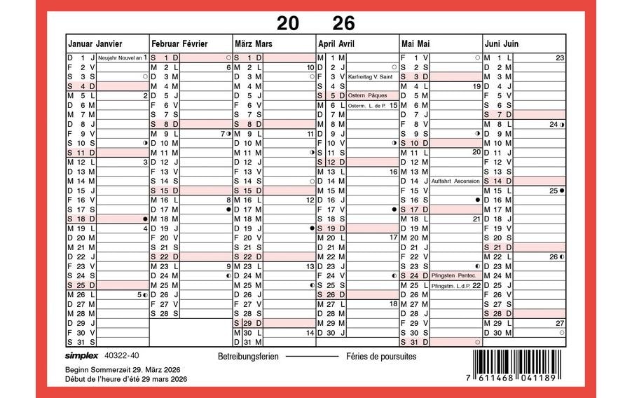Simplex Wandkalender 2026 ohne Namenstage A6 Querformat, d/f