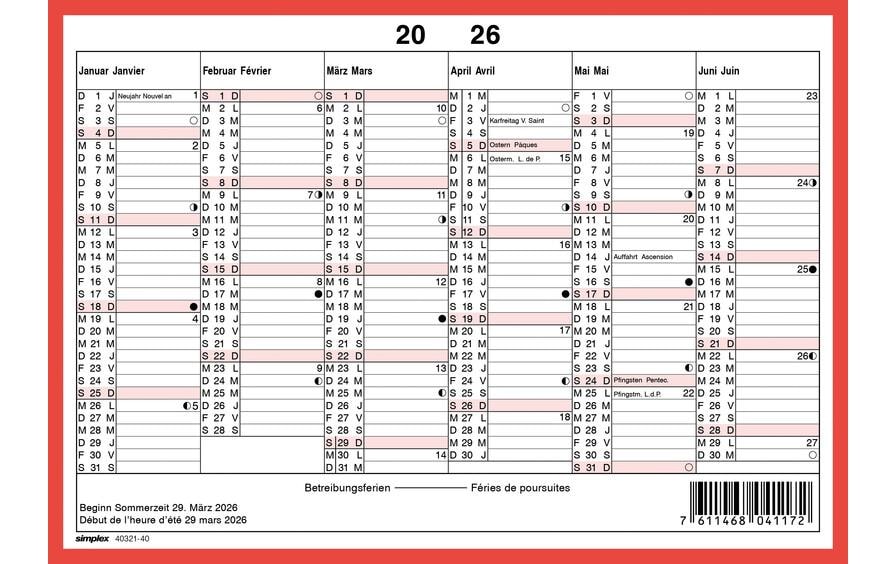 Simplex Wandkalender 2026 ohne Namenstage A5 Querformat, rot/weiss