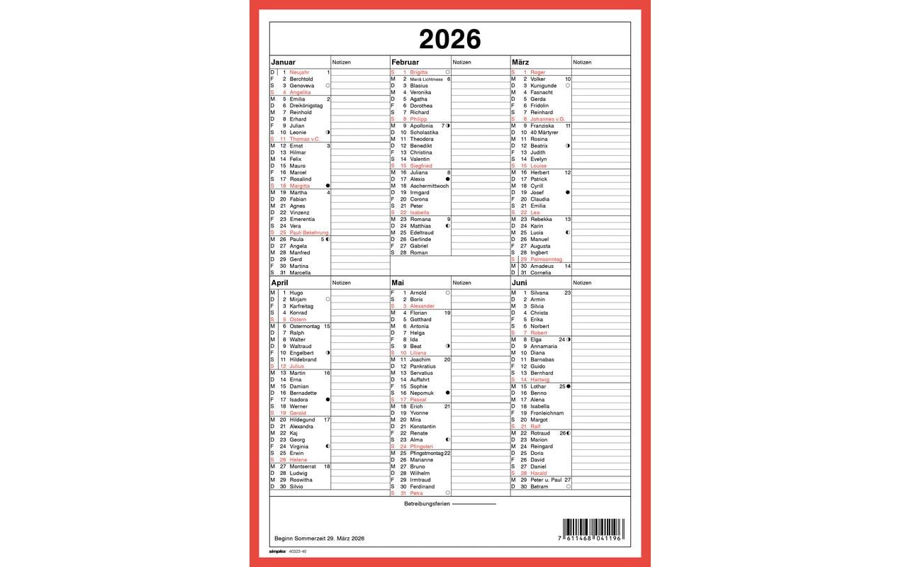Simplex Wandkalender 2026 Namenstagen A4 Hochformat, Deutsch