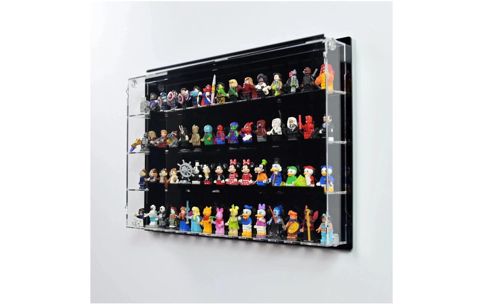 Acryl-Wand-Display 60 LEGO-Minifiguren mit schwarzem Hintergrund