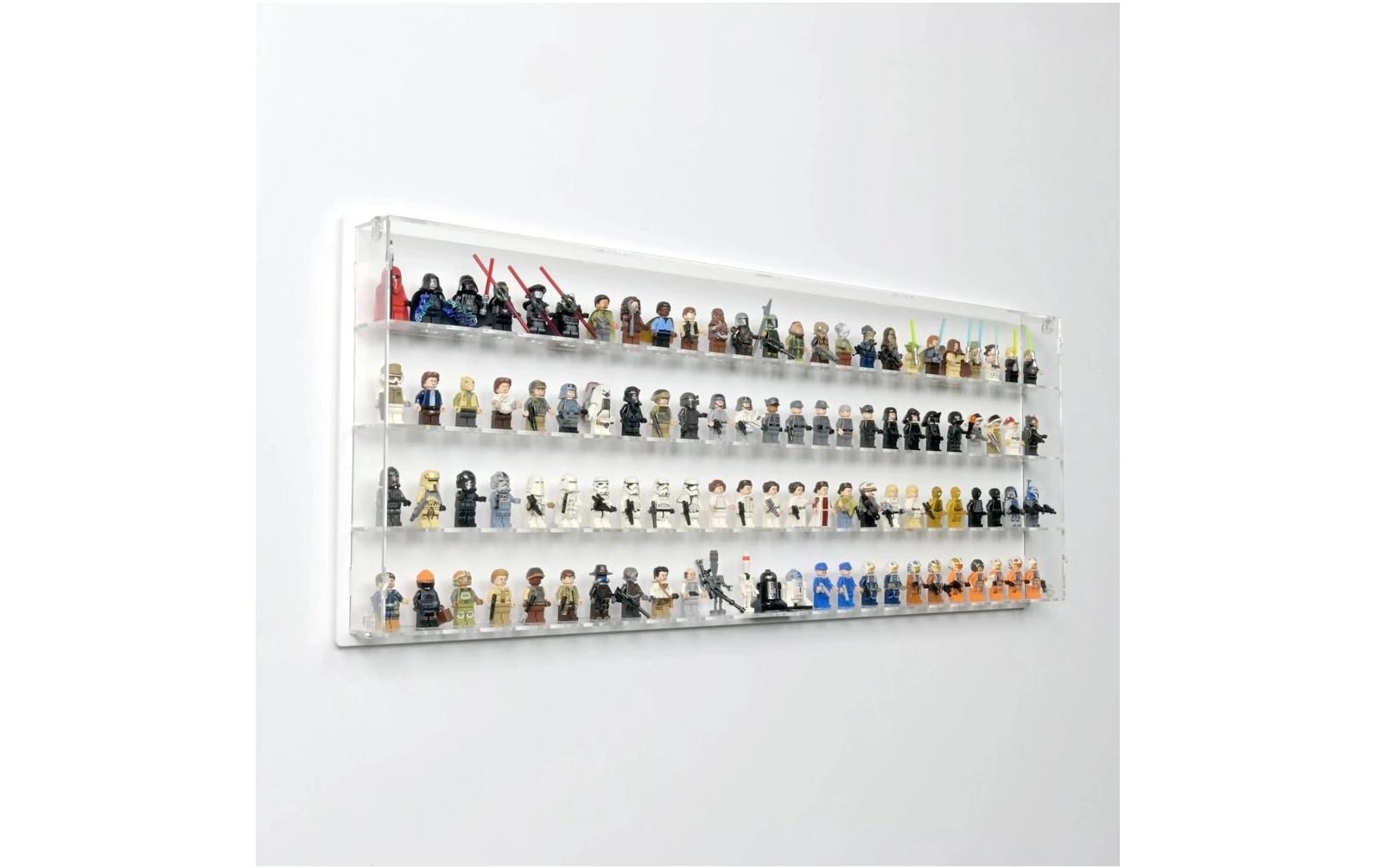 Acryl-Wand-Display 100 LEGO-Minifiguren mit weissem Hintergrund