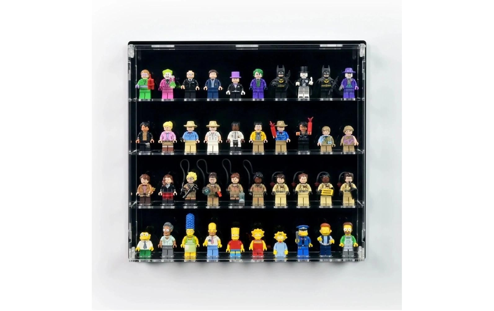 Acryl-Wand-Display 40 LEGO-Minifiguren mit schwarzem Hintergrund