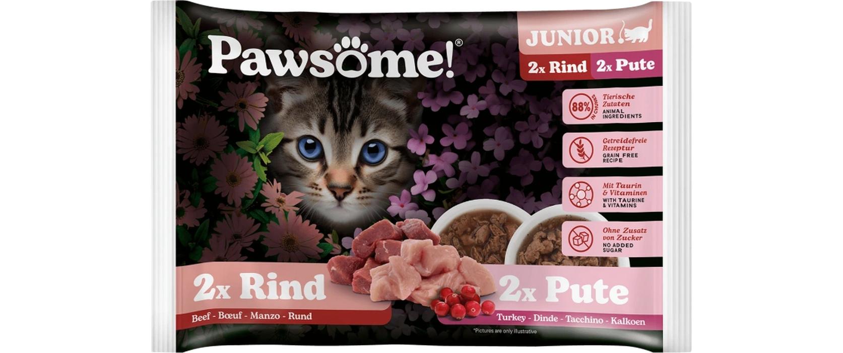 Pawsome Cat Superfood Junior 4x85g Rind+Pute