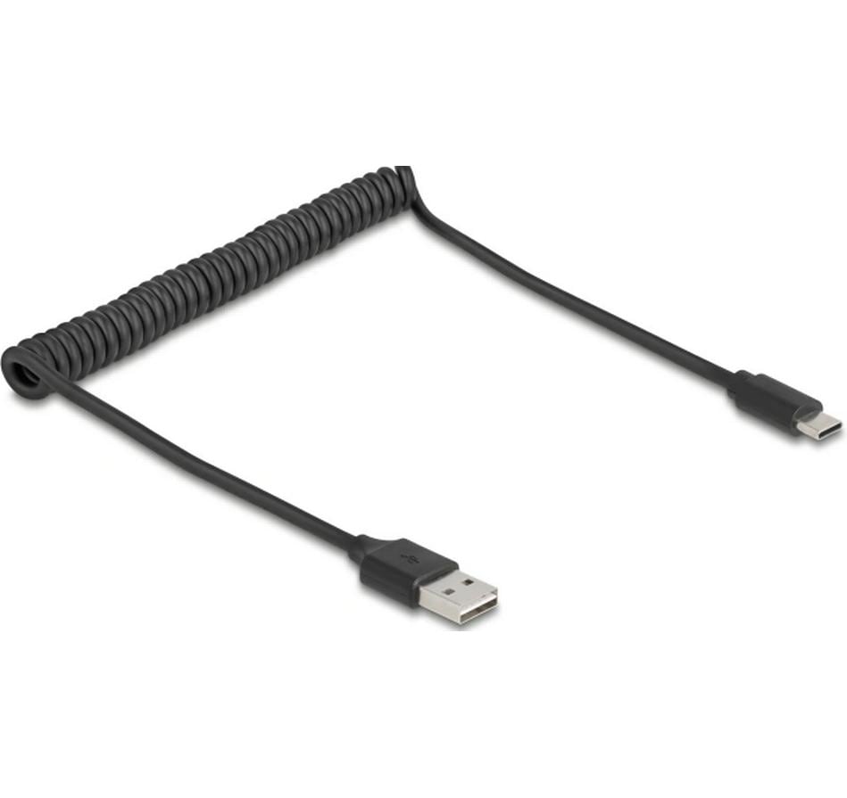 Delock USB2.0 Spiralkabel A-C, 50-80cm EASY USB, beidseitig einsteckbar, schwarz