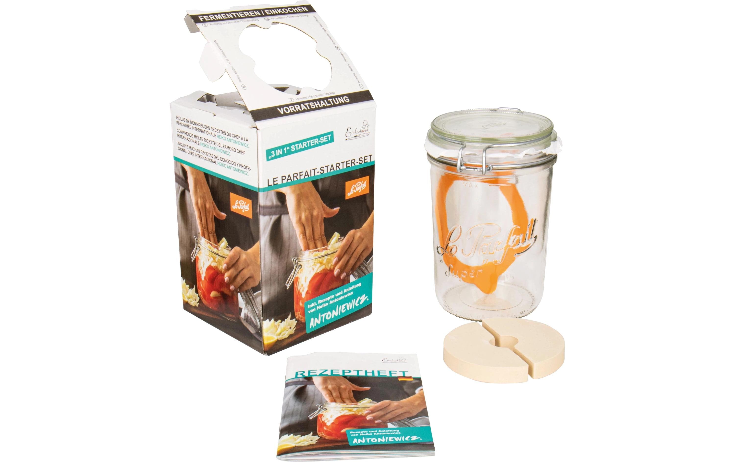 Weck Fermentierset Le Parfait Terrines 1000 ml, Glas m. Gummiring, Fermentierstein