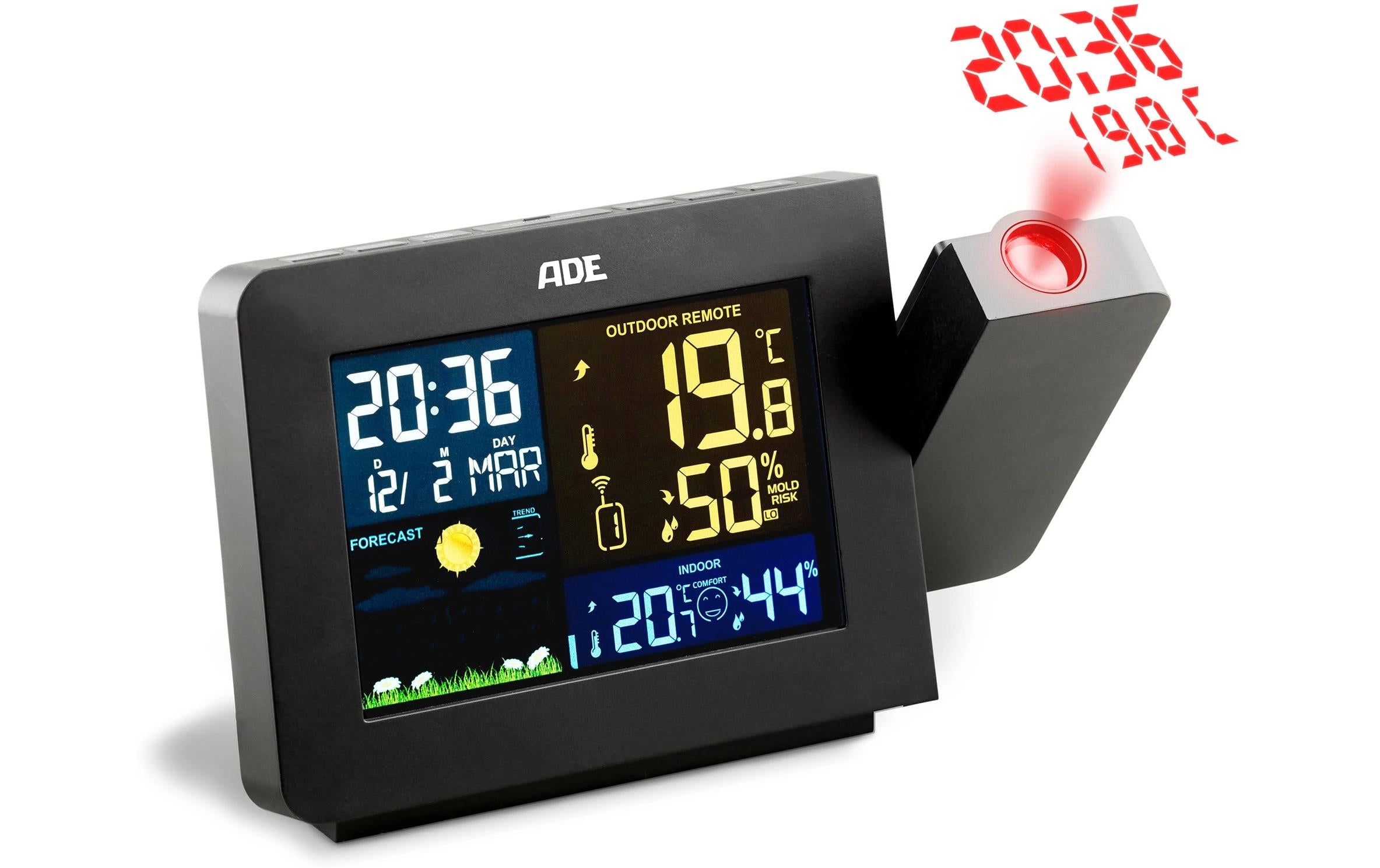 ADE Wetterstation mit Funk-Aussensensor schwarz, mit Projektion
