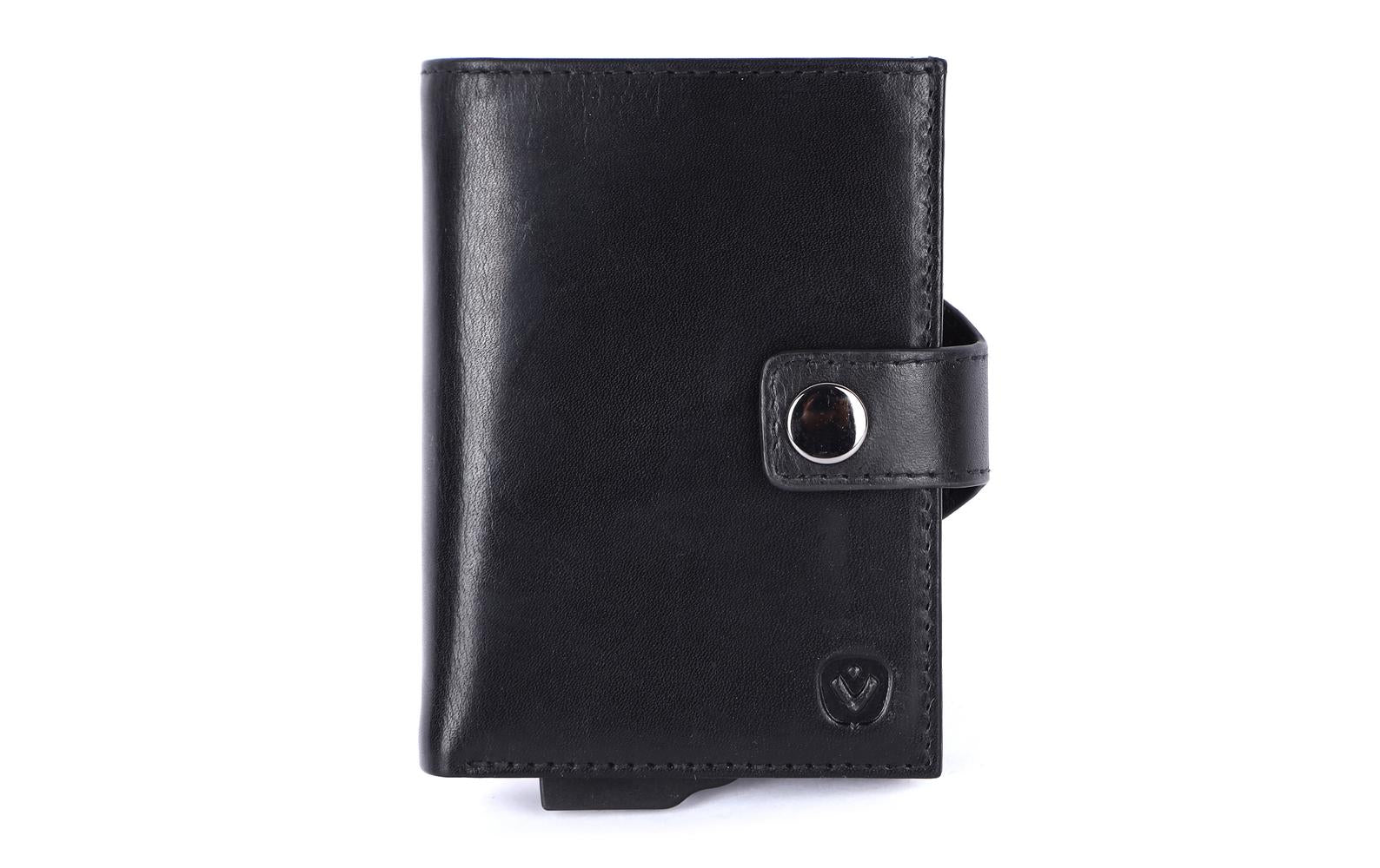 Valenta Card Case Plus Wallet - Leather Ejector + Coins, Black