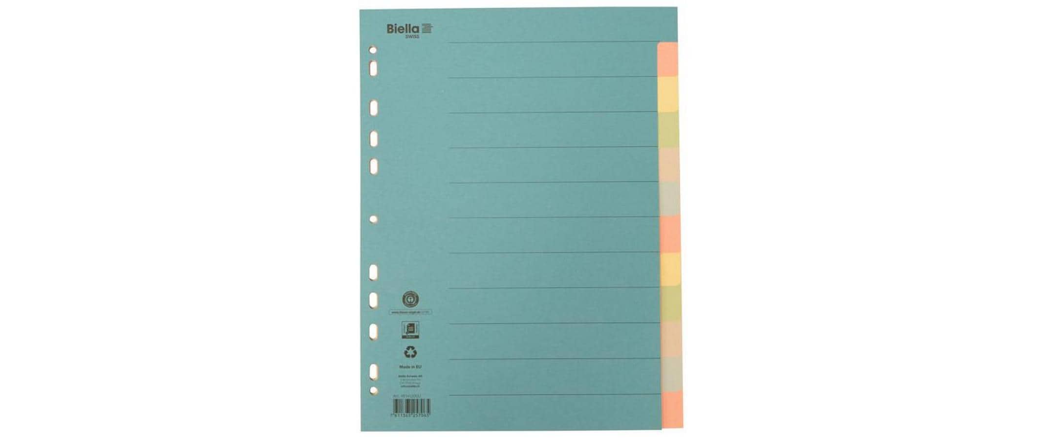 Biella Register Karton A4 12teilig, 4Loch blau,rosa,gelb,grün,grau, 1 Stück