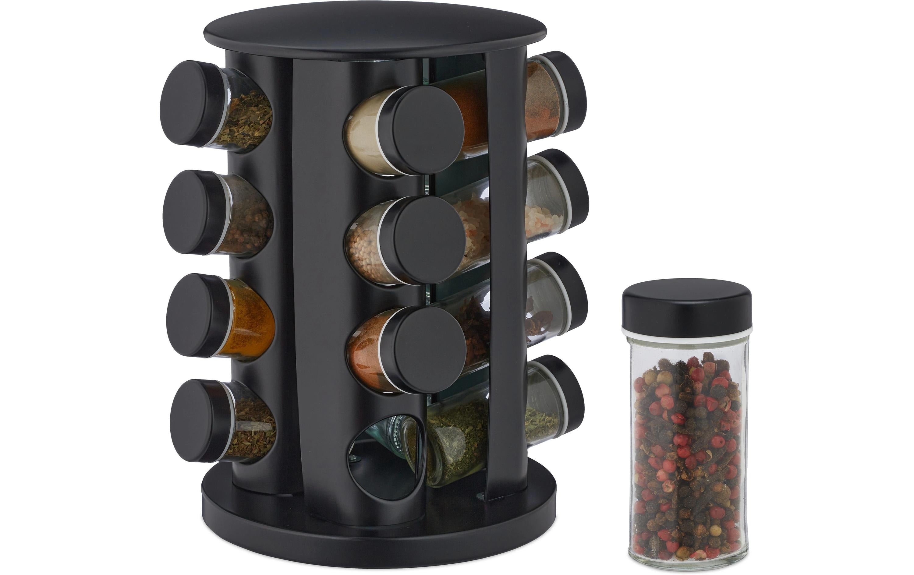 relaxdays Gewürzkarussell 16er Edelstahl, mit 16 Gläser, Schwarz